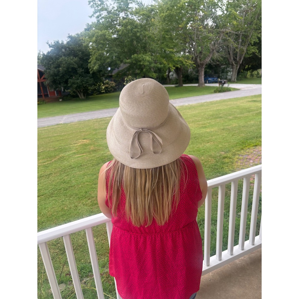 Eric Javits Squishee Packable Straw Sun Hat Tan Beige Wide Brim Bow Accent Women - Picture 8 of 10